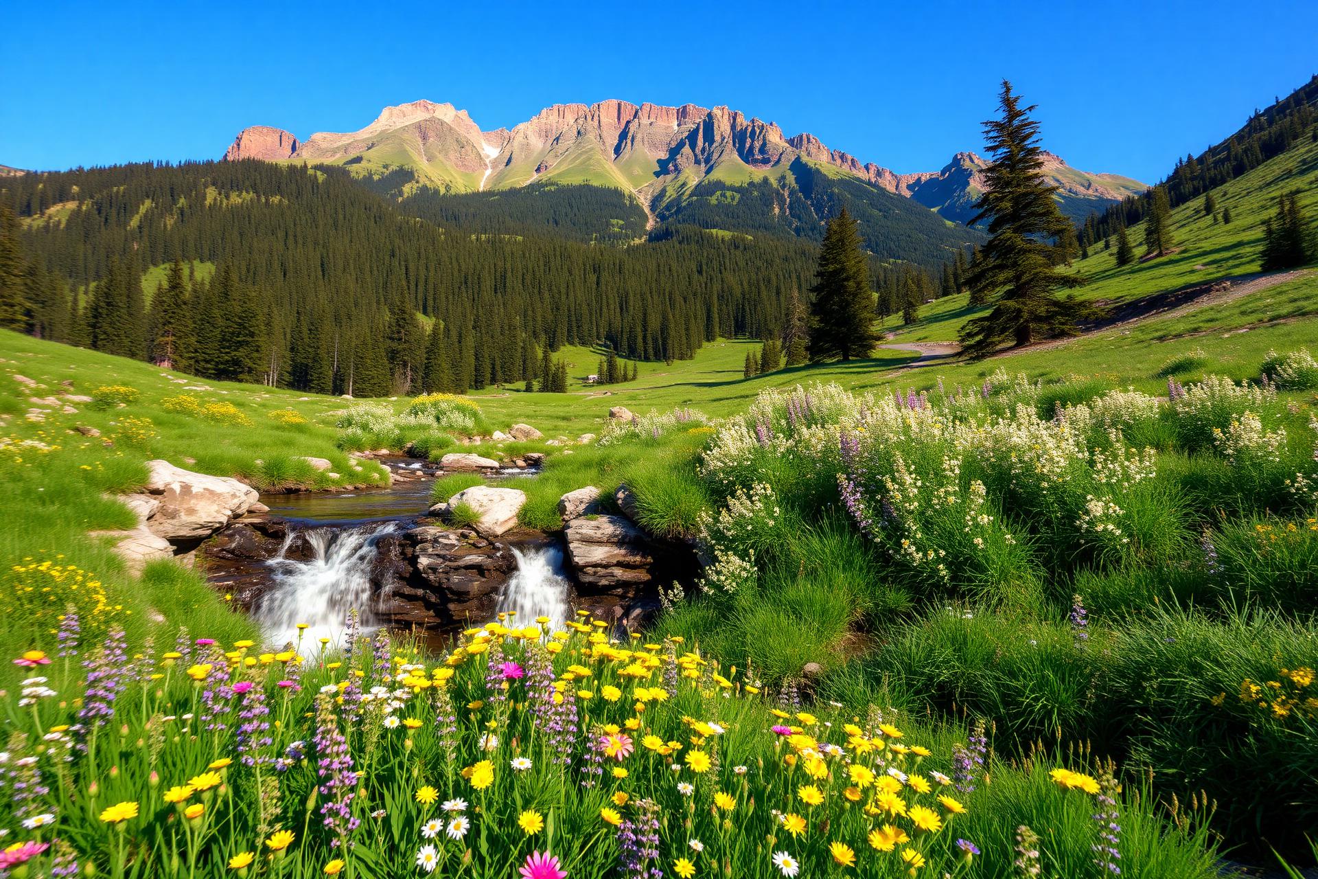 Utah spring wildflowers and waterfall below green mountains