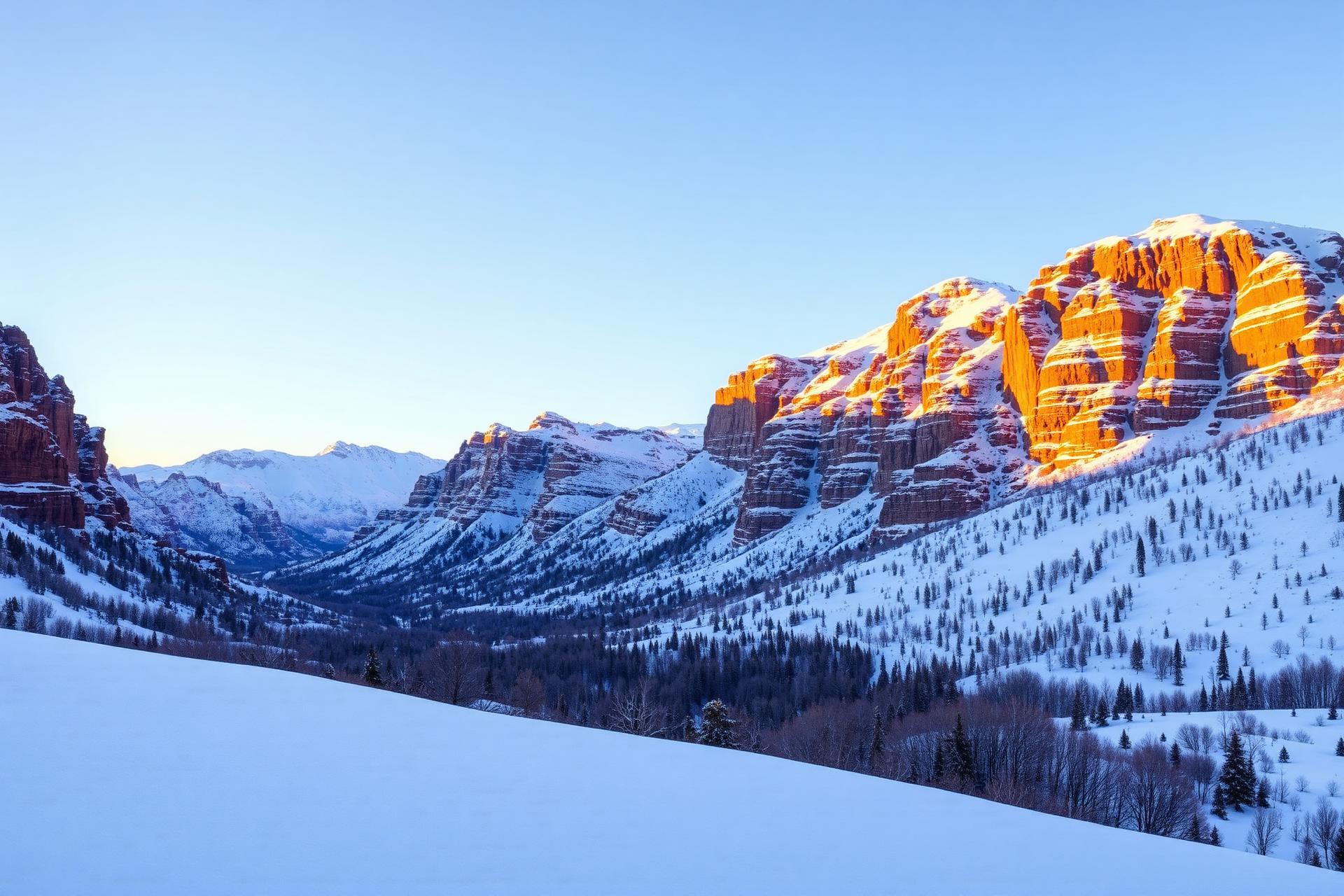 Snow-covered Wasatch mountains at golden hour